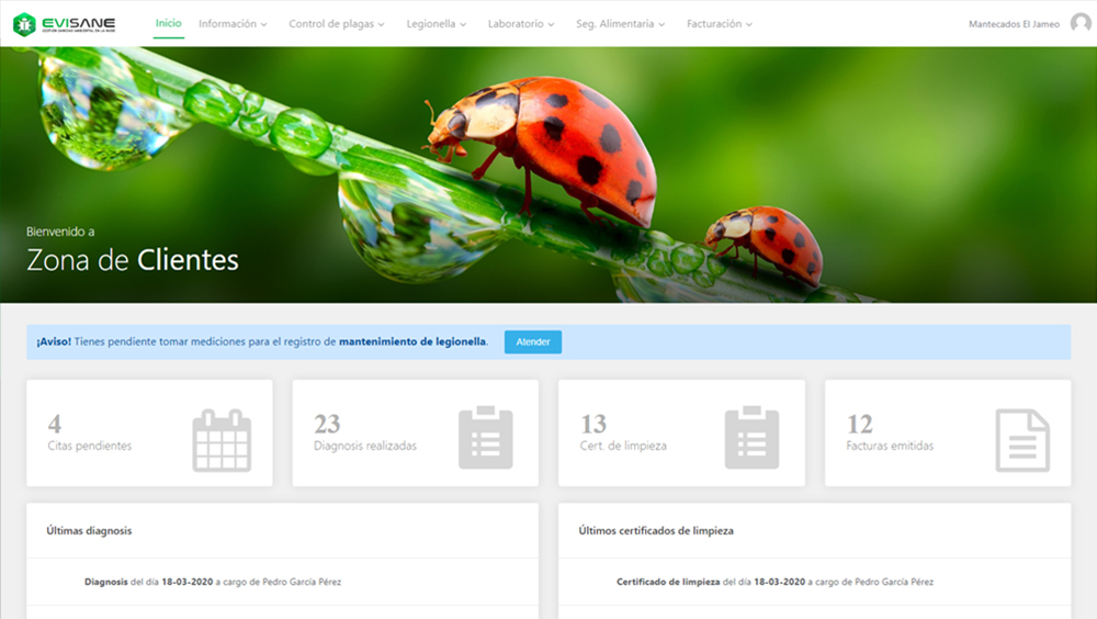 Zona de clientes en software control de plagas, sanidad ambiental y seguridad alimentaria