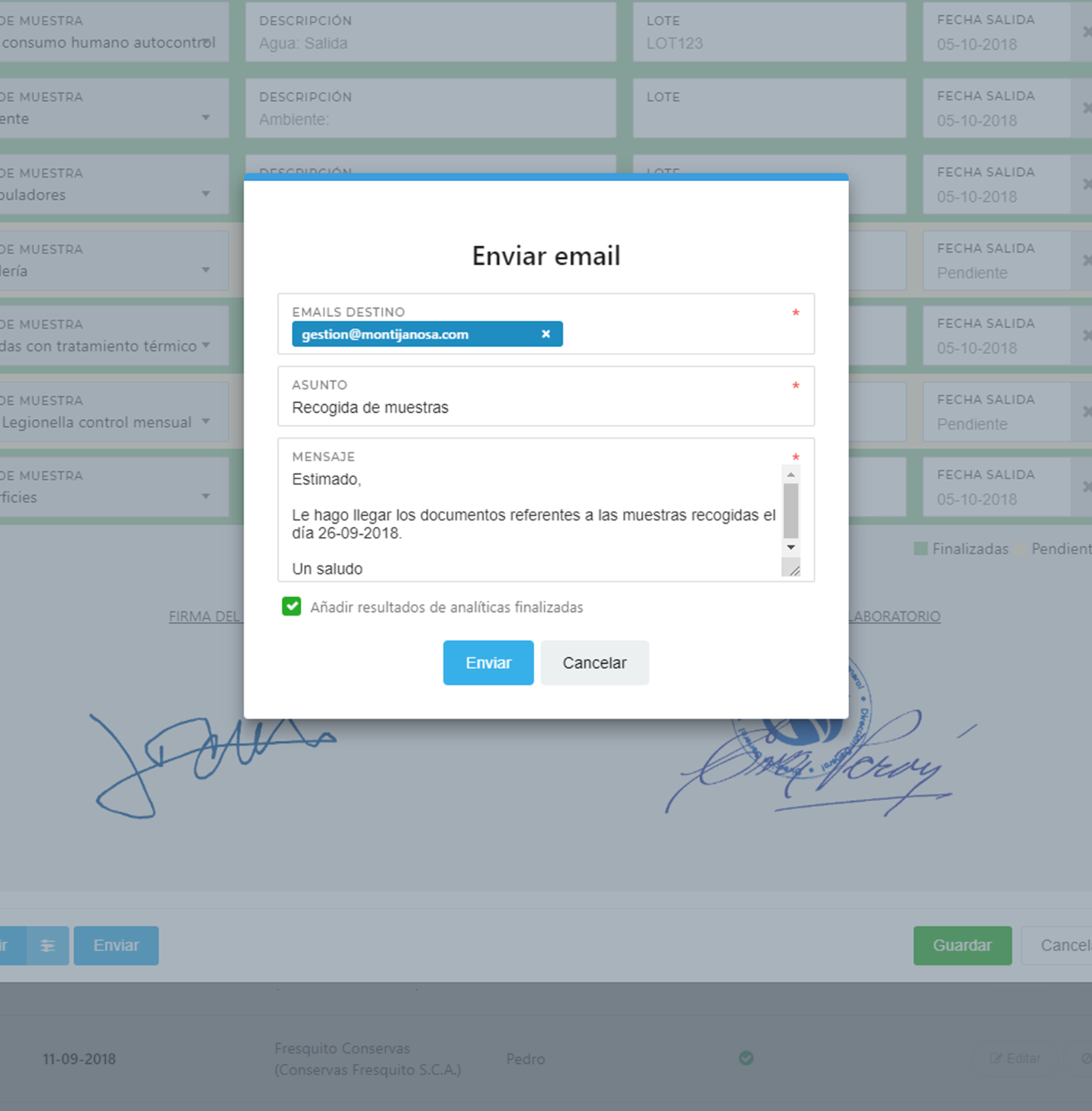 Software laboratorio de muestras en EviSane - Envío de email