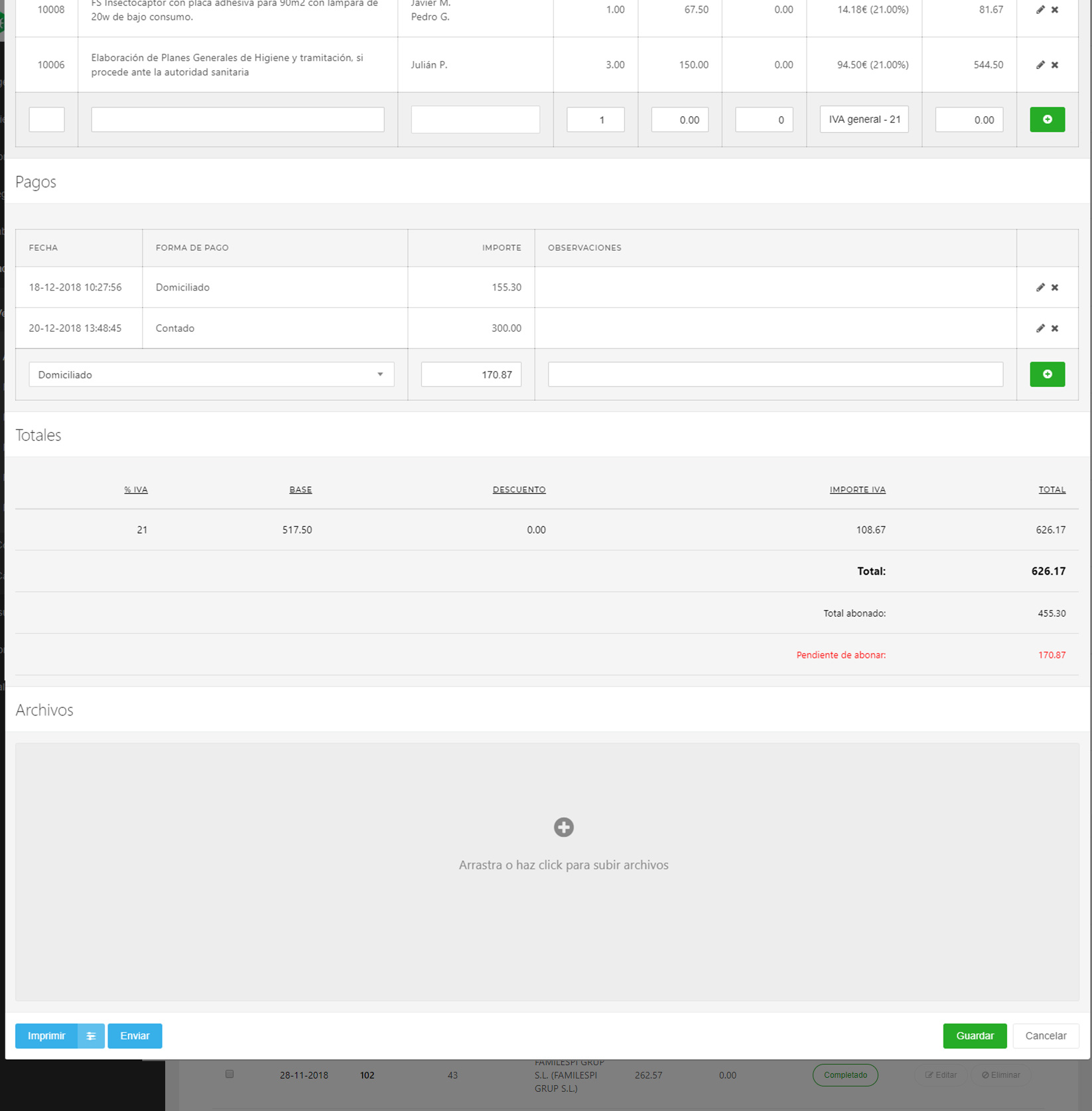 Control de pagos en facturación, en software para control de plagas y sanidad ambiental