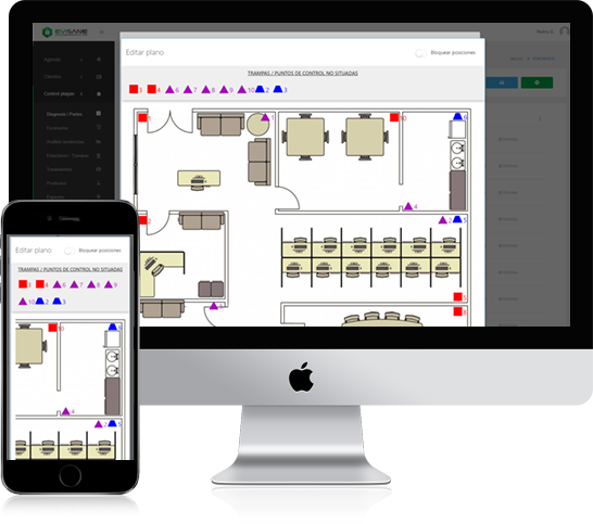 iMac y móvil planos y mapas con puntos de control - Software para empresas de control de plagas y sanidad ambiental en la nube