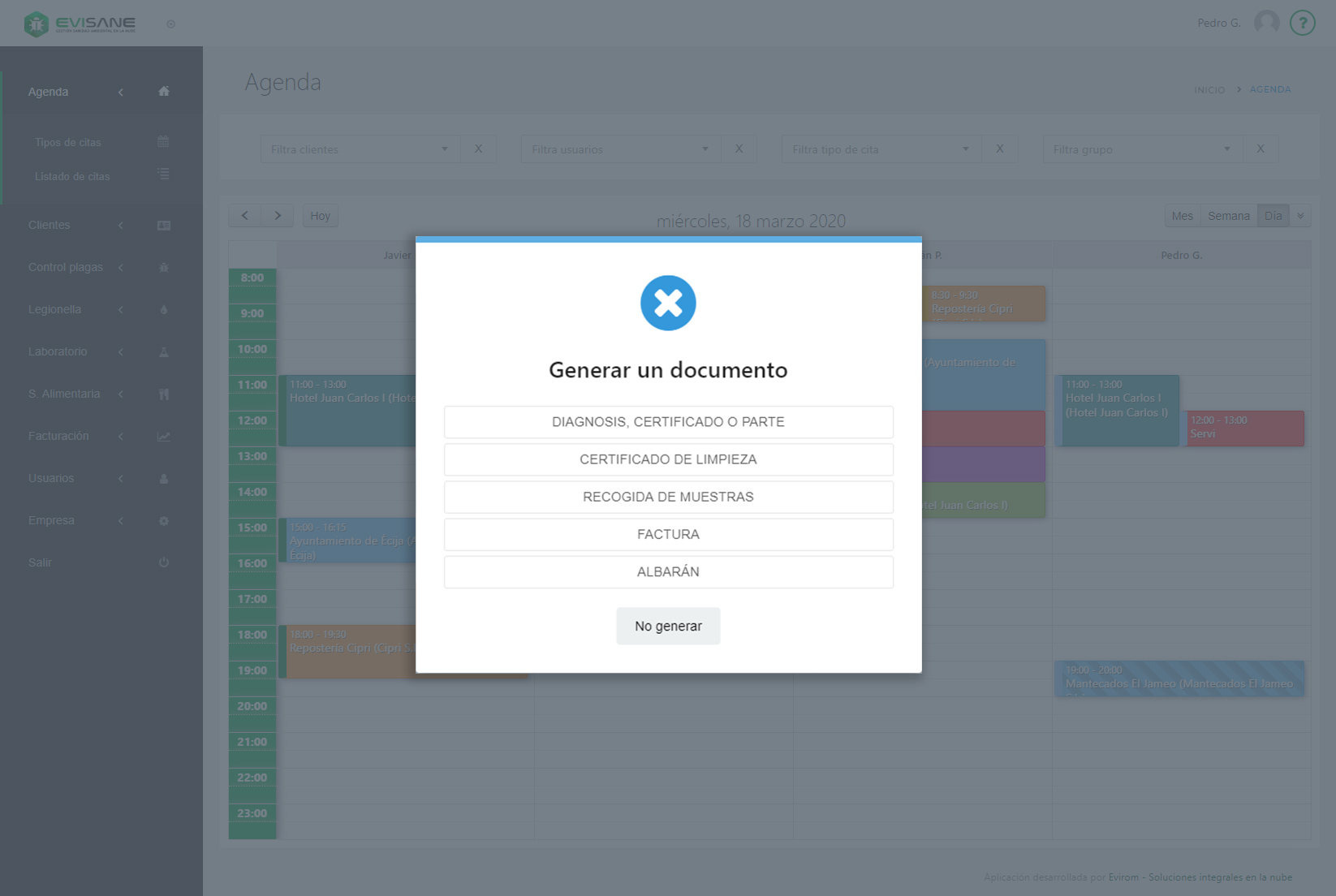 Genera documentos desde agenda en Software ERP de control de plagas y sanidad ambiental - EviSane