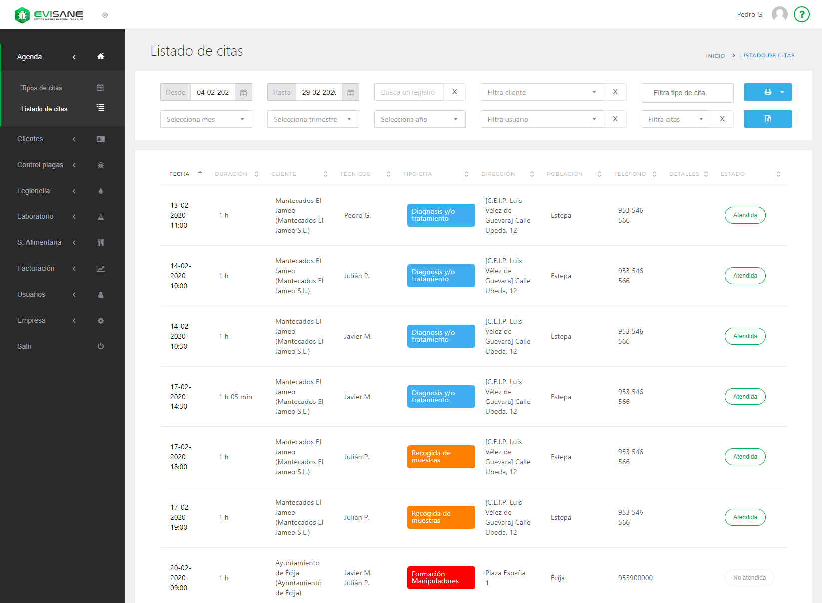 Listado de visitas programadas en software ERP de control de plagas y sanidad ambiental - EviSane