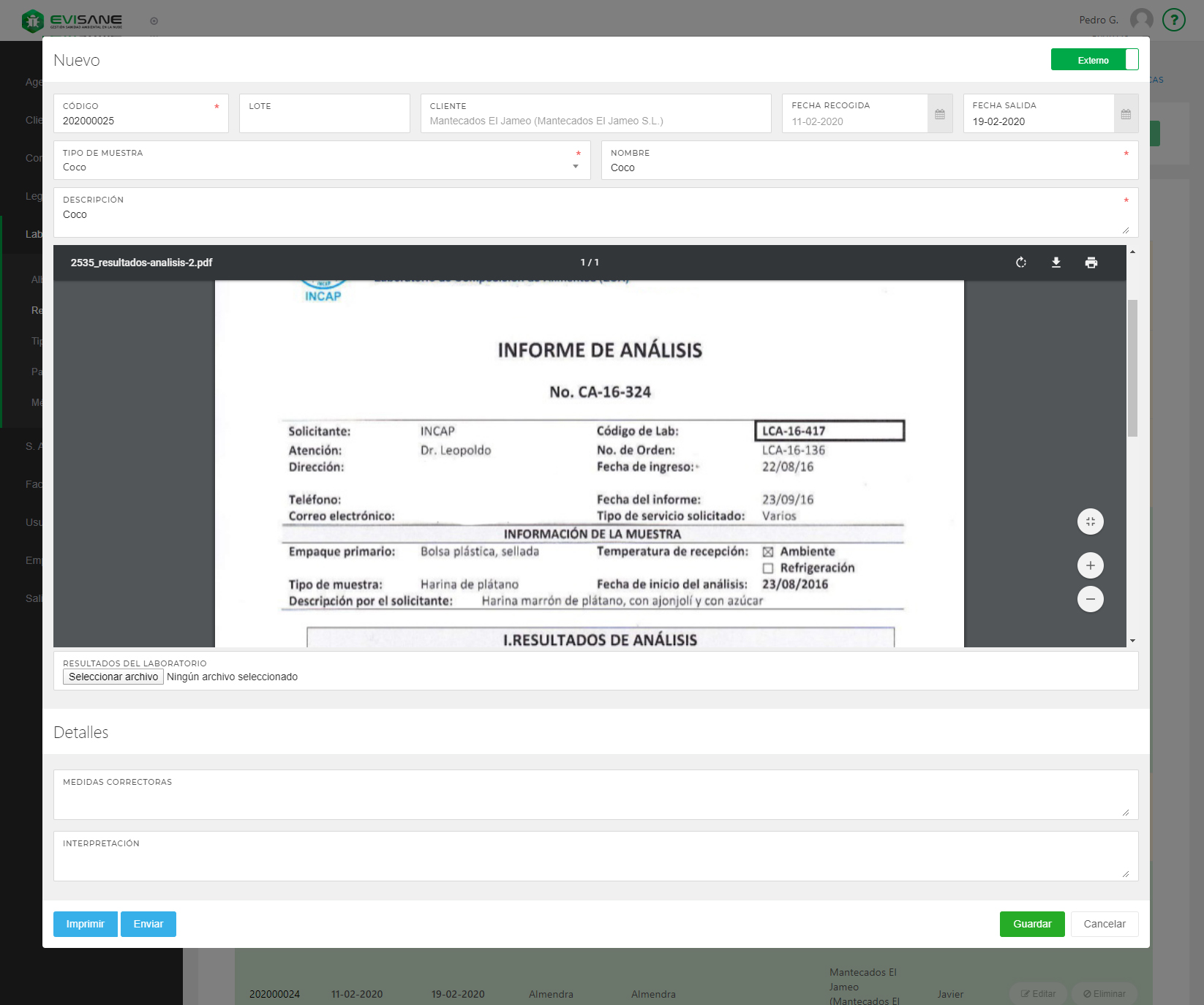 Software ERP laboratorio de muestras en EviSane - Resultados de analíticas