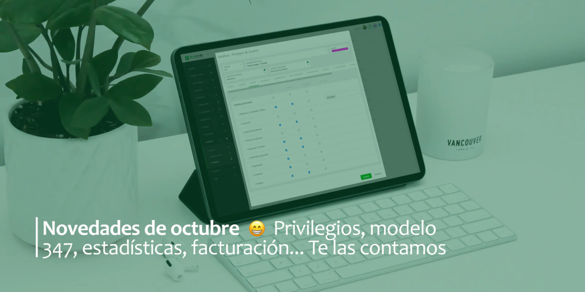 Imagen de una tablet con teclado mostrando la app de EviSane, cuyo titulo es: Novedades de octubre. Privilegios, modelo 347, estadísticas de facturación... Te las contamos