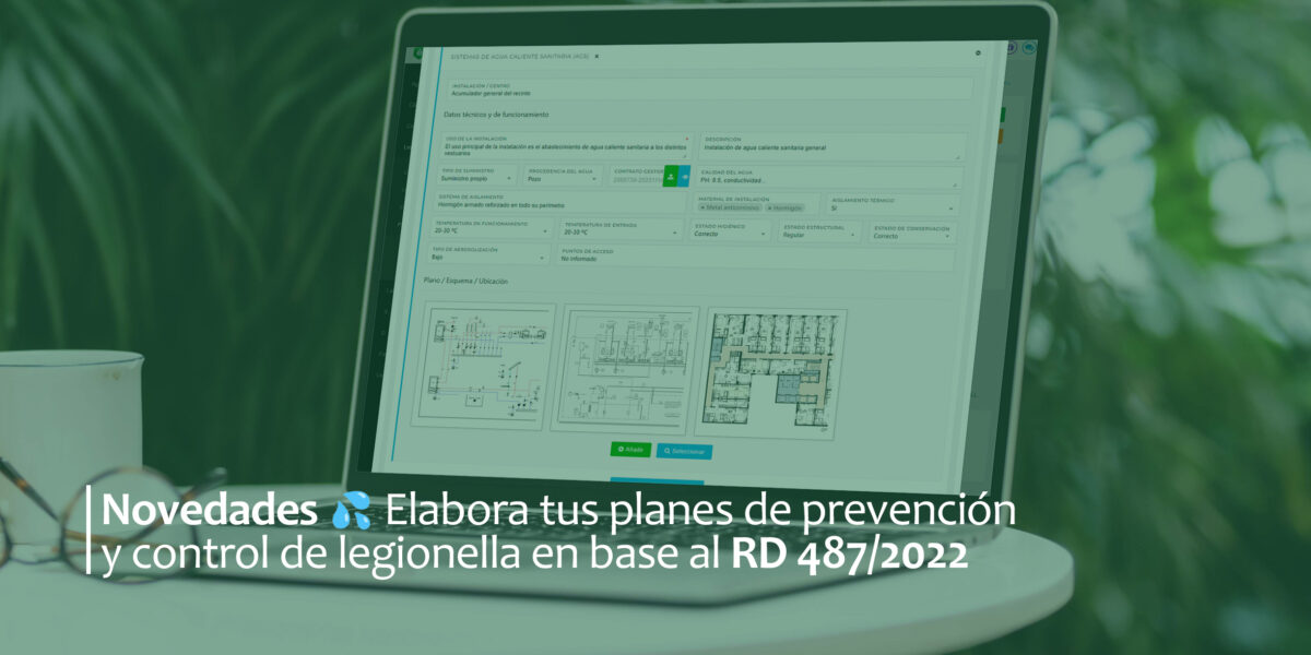 Portátil donde se muestra la página de Evisane con novedades como elaborar planes de prevención y control de legionella en base al RD 48/2022