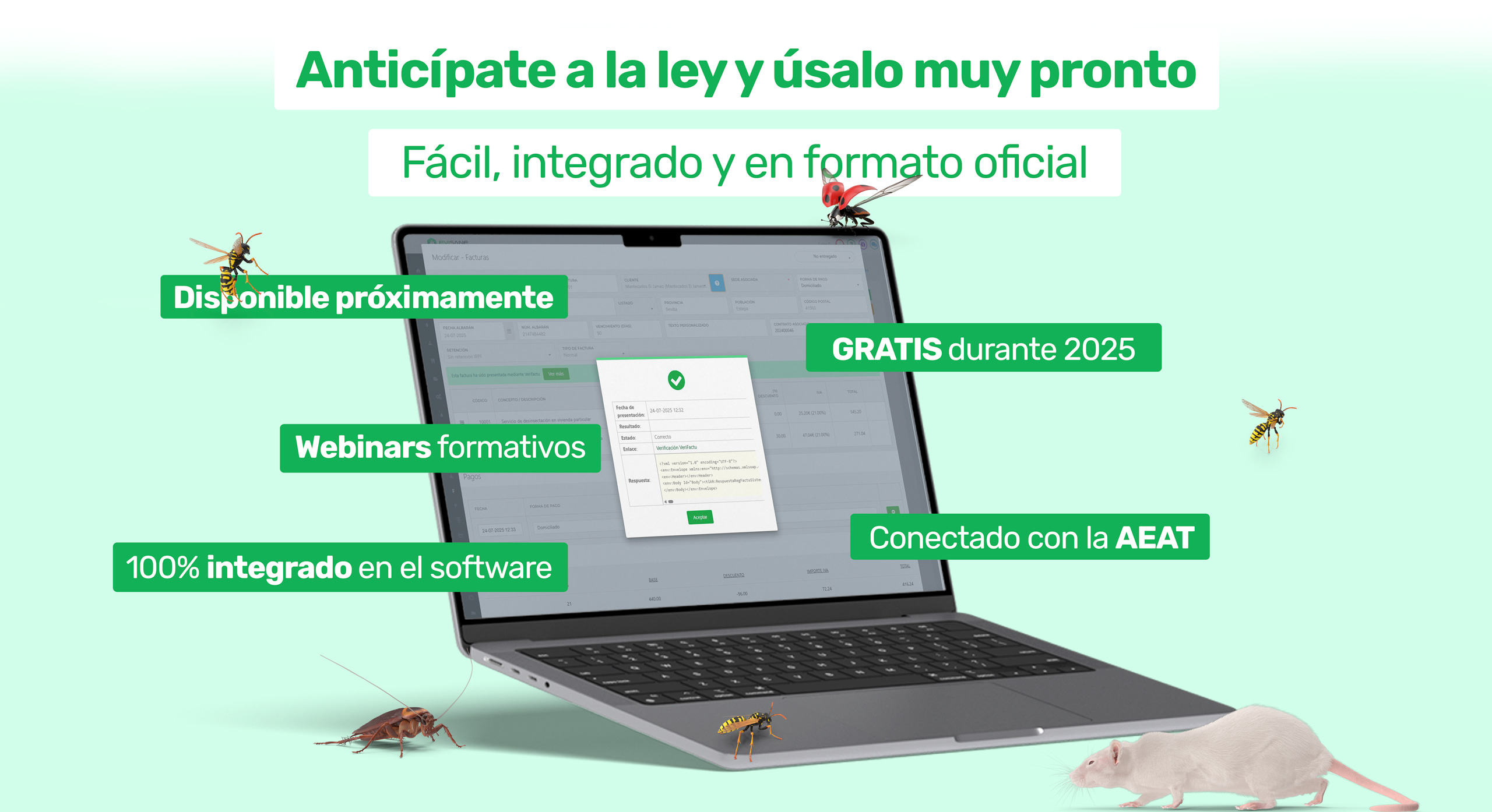 La normativa VeriFactu llega al módulo de facturación electrónica de EviSane, software para empresas de control de plagas y sanidad ambiental