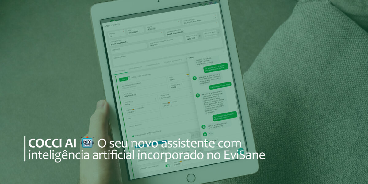 Imagem de um utilizador a segurar um tablet no qual aparece uma conta de utilizador do EviSane. O utilizador está a usar o novo assistente de inteligência artificial COCCI AI para criar uma nova ficha de cliente utilizando o microfone incorporado.