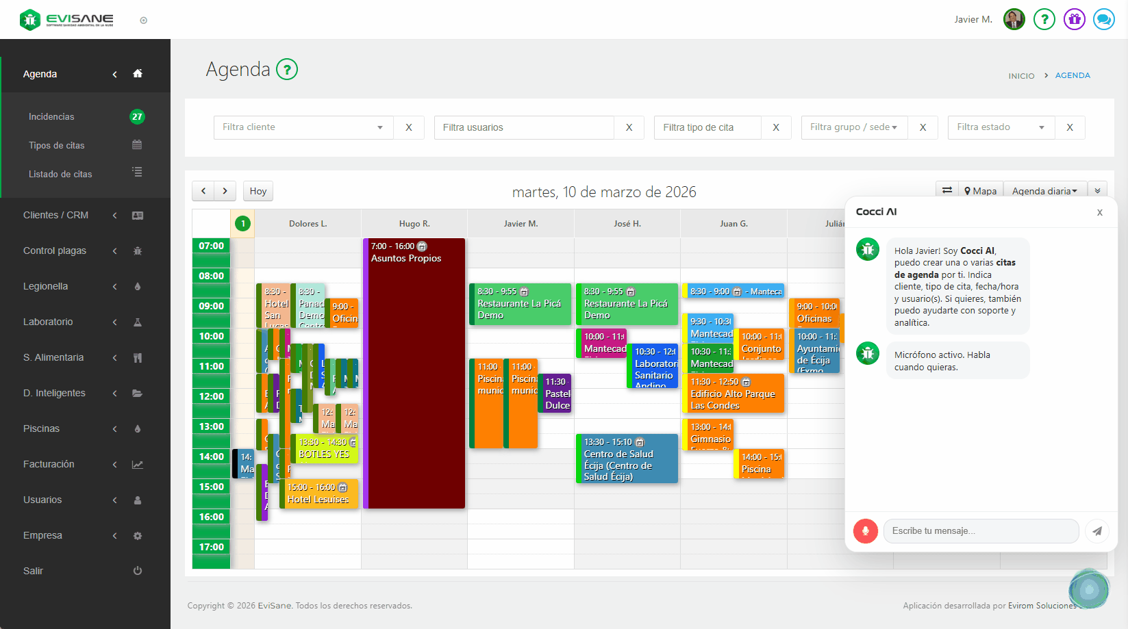 Cocci AI es el nuevo asistente de inteligencia artificial 100% integrado con EviSane. Utiliza el micro para dictar cualquier necesidad al asistente para que pueda convertirla en elementos. Ejemplo de cómo crear una cita periódica en la agenda de EviSane con voz.