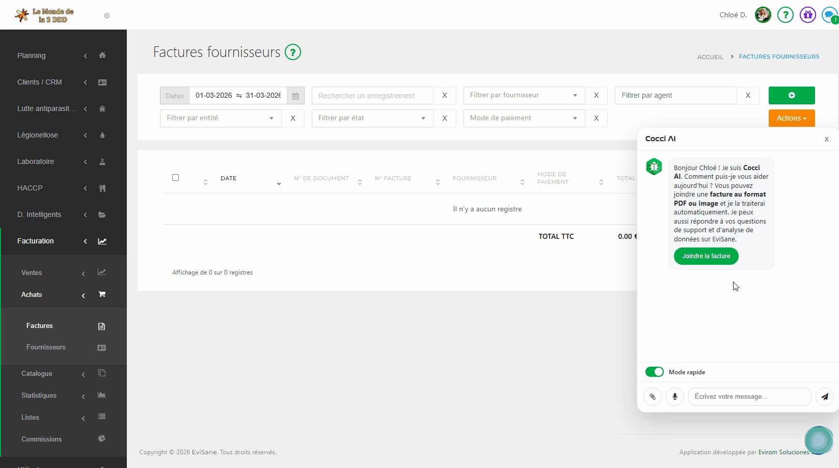 Cocci AI est le nouvel assistant d’intelligence artificielle 100 % intégré à EviSane. Importez ou photographiez une facture et l’assistant se charge de la traiter en temps réel.