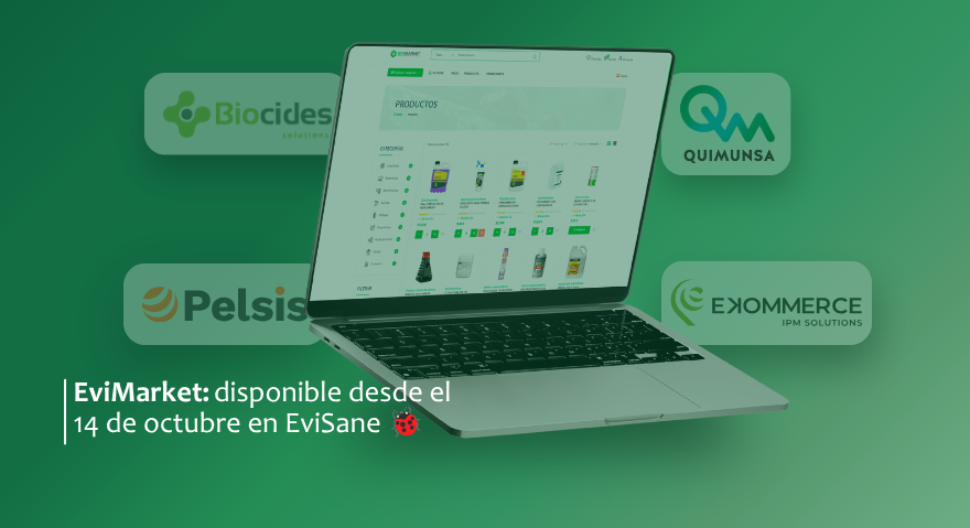 Portátil con el catálogo de EviMarket, rodeado de los logotipos de Biocides Solutions, Quimunsa, Pelsis y Ekommerce. Disponible desde el 14 de octubre en EviSane.